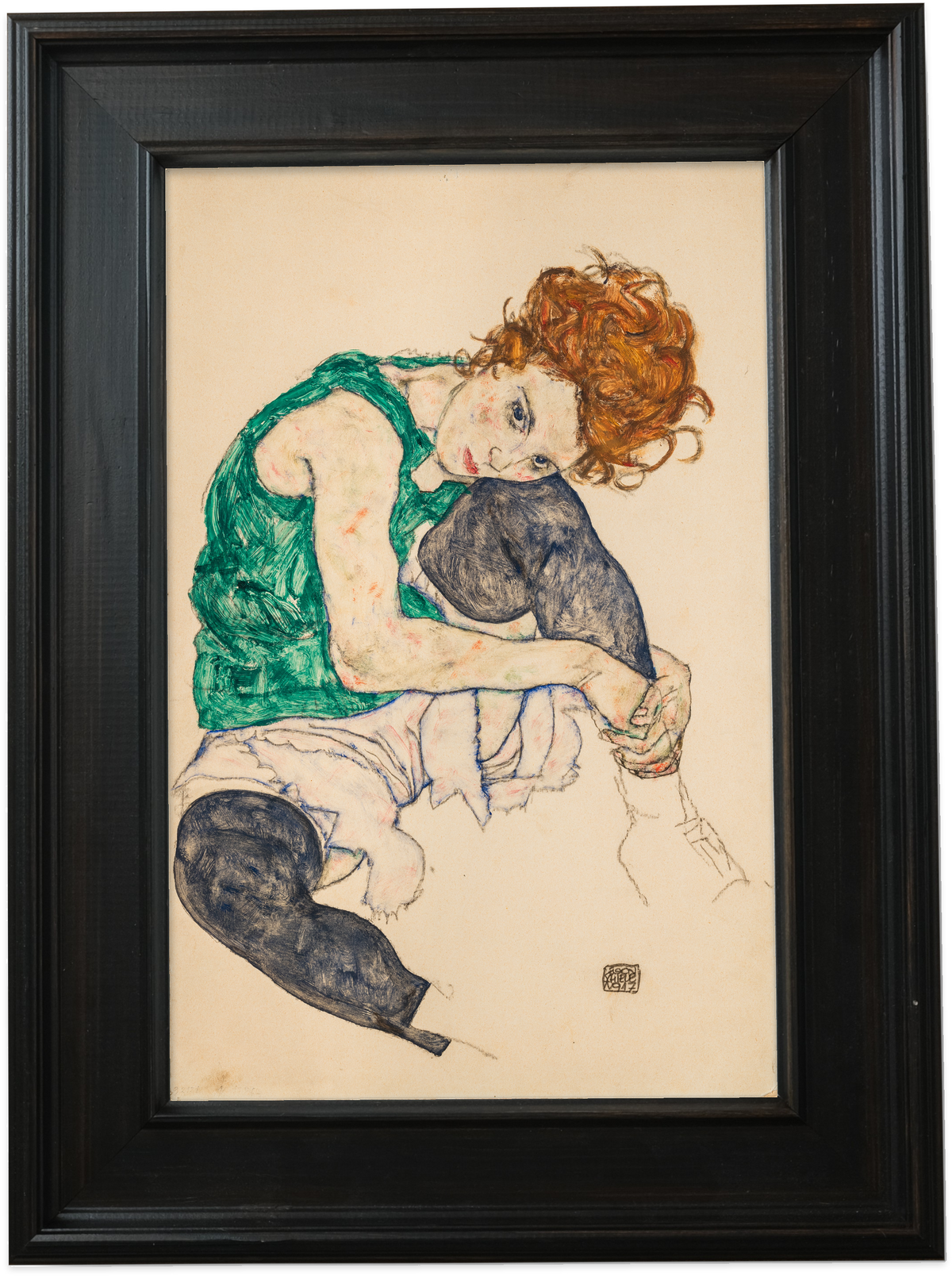 Seated Woman with Bent Knees by Egon Schiele - framed canvas reproduction