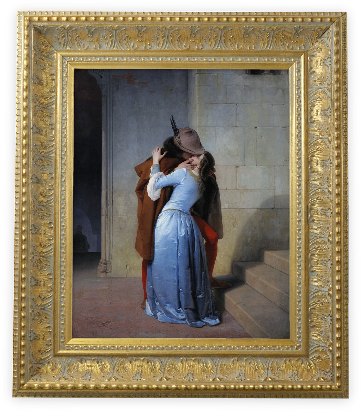 The Kiss by Francesco Hayez shown in its frame