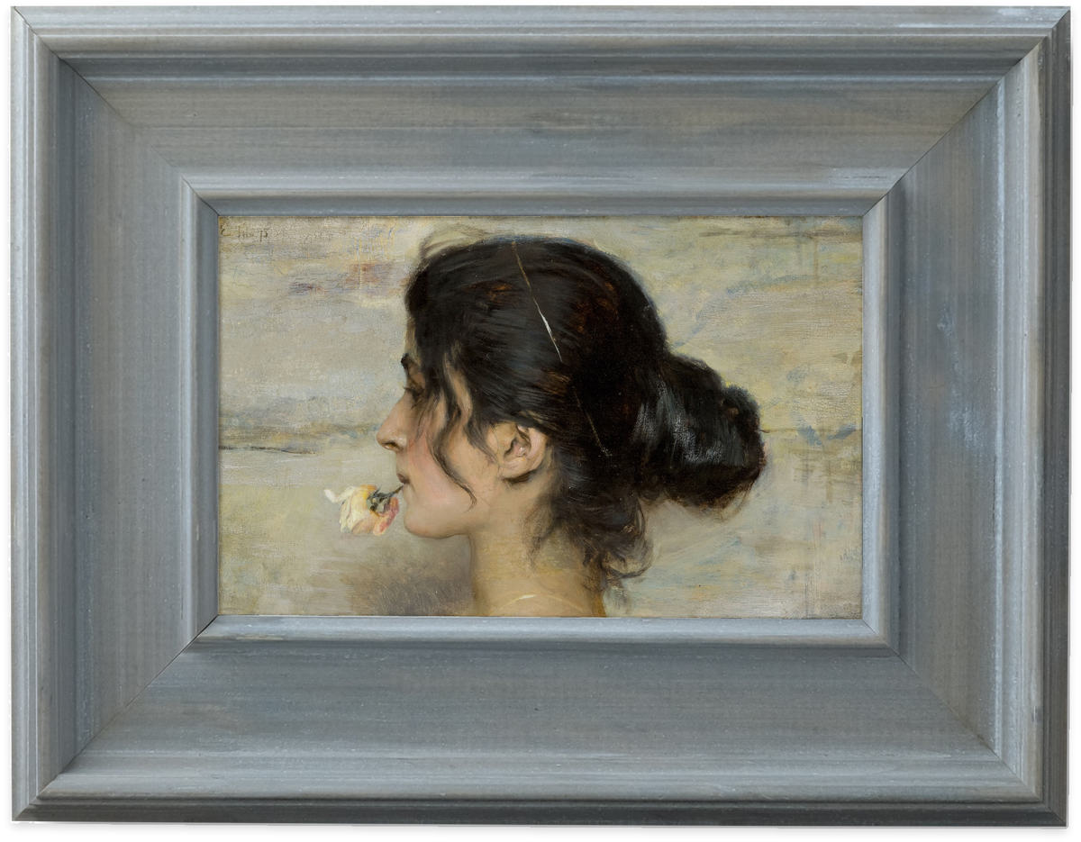 With the Rose Between Her Lips by Ettore Tito — framed reproduction