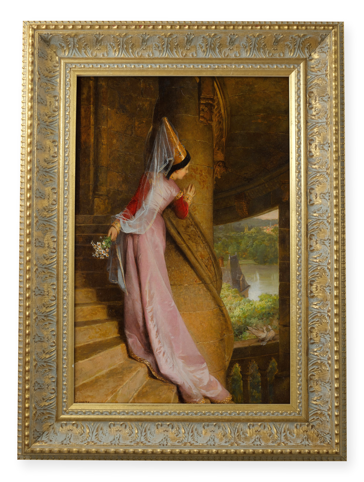 The Secret Rendezvous by Pierre-Charles Comte shown in its frame
