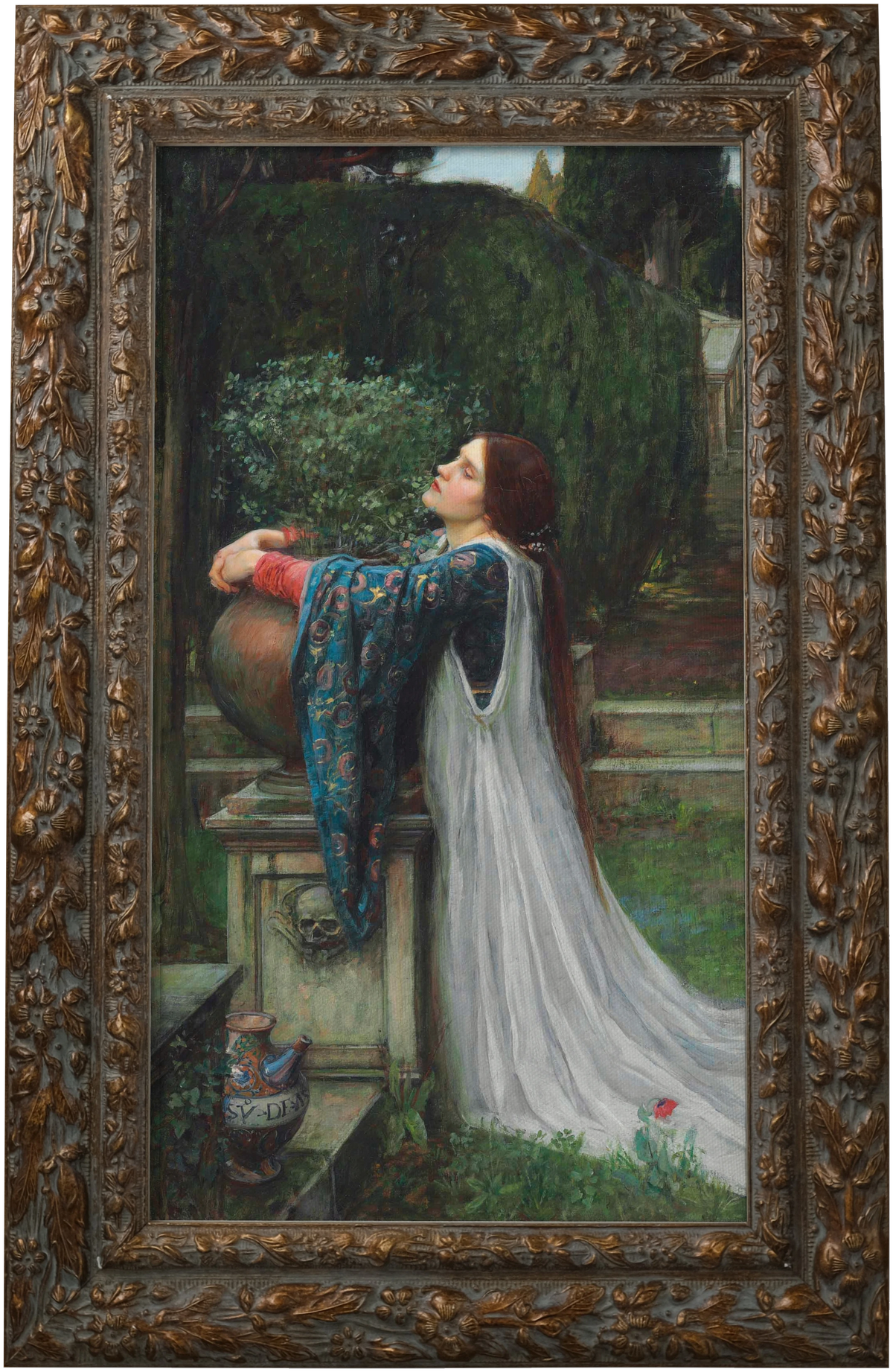 Isabella and the Pot of Basil by John William Waterhouse shown in its frame