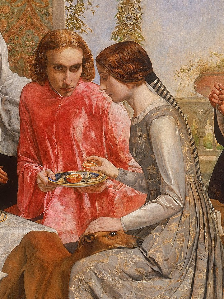 Detail of Millais's Isabella: Lorenzo and Isabella at her brothers' table