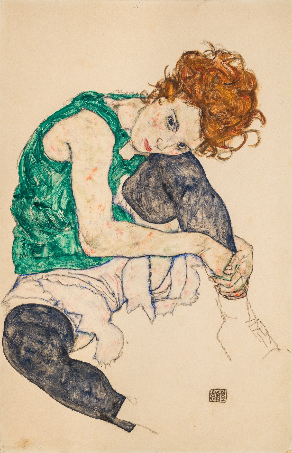 Seated Woman with Bent Knees by Egon Schiele - artwork-only reproduction