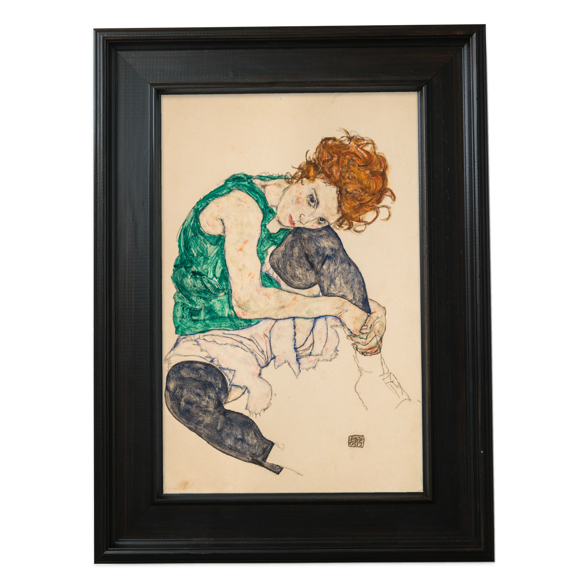 Seated Woman with Bent Knees by Egon Schiele - framed canvas reproduction