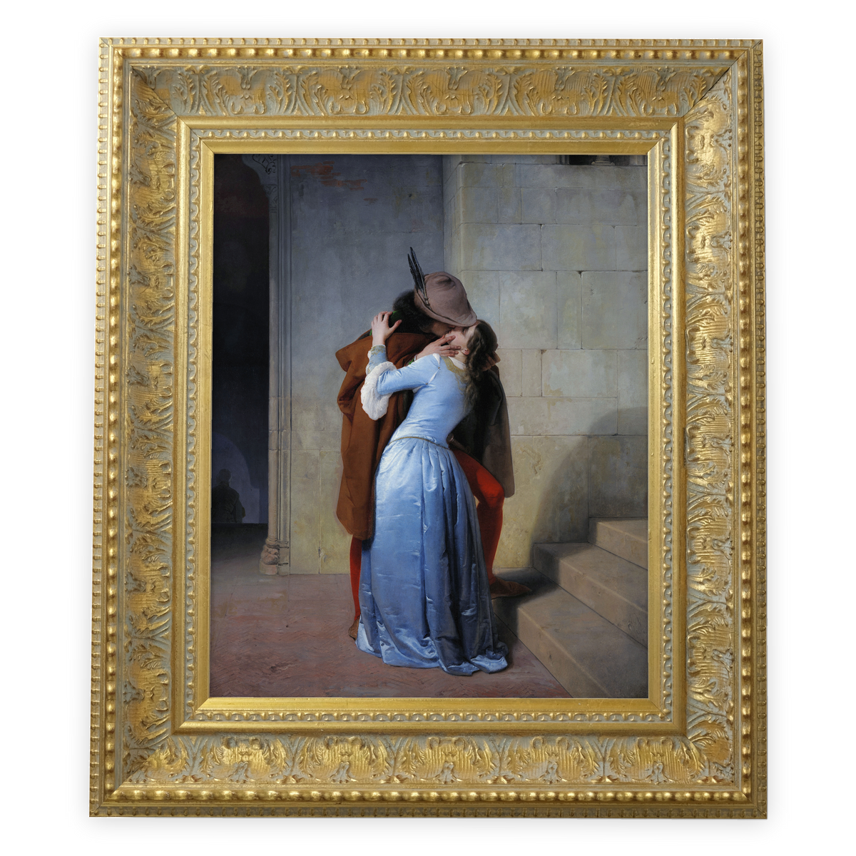 The Kiss by Francesco Hayez shown in its frame