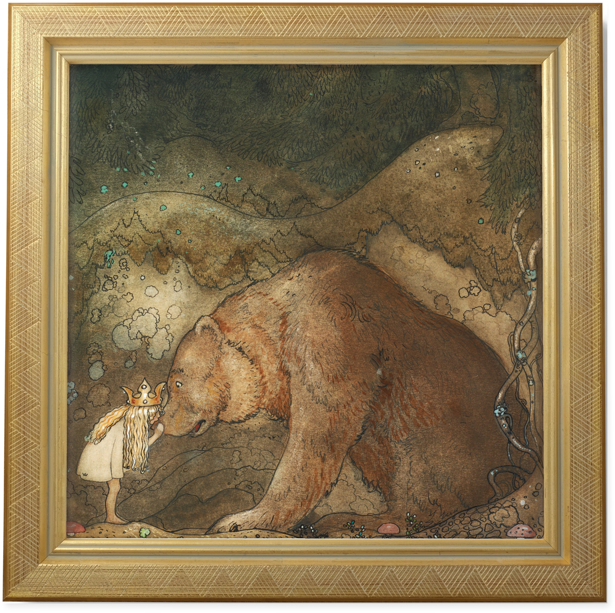 Poor Little Bear! by John Bauer shown in its frame