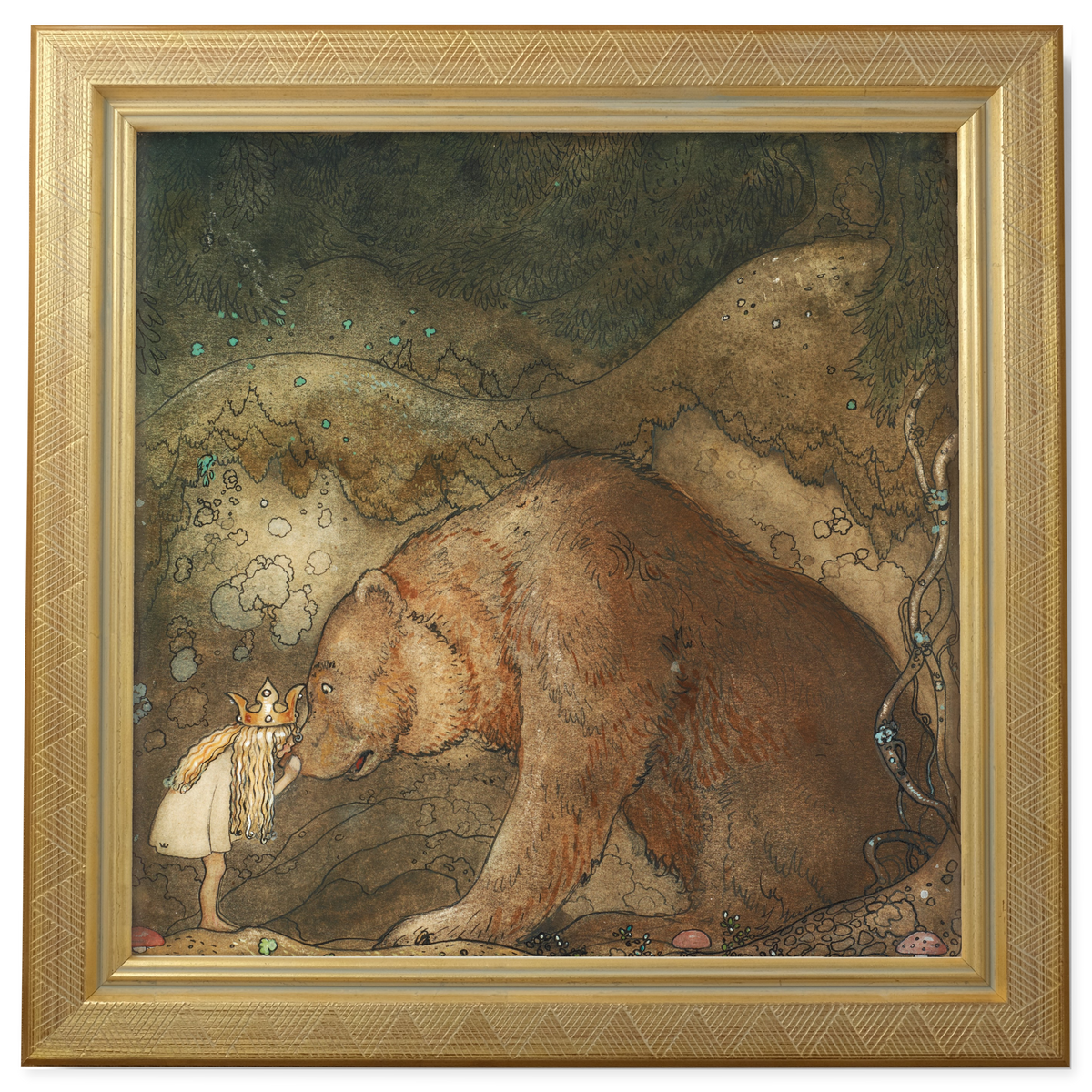 Poor Little Bear! by John Bauer shown in its frame