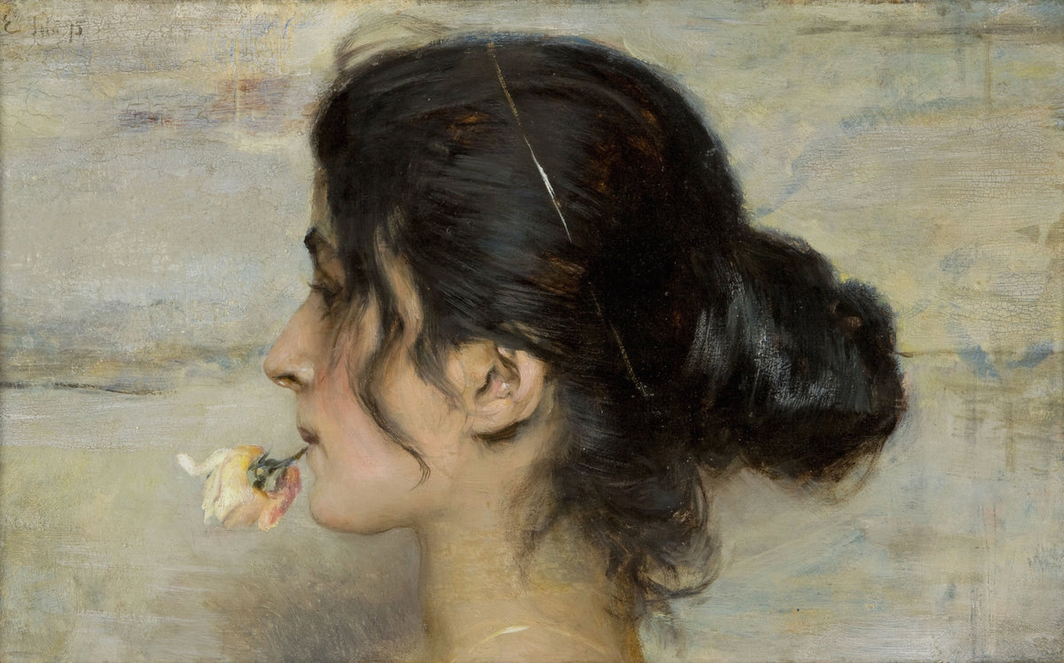 With the Rose Between Her Lips by Ettore Tito — unframed artwork