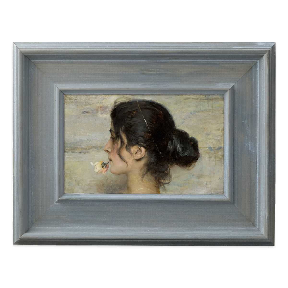With the Rose Between Her Lips by Ettore Tito — framed reproduction
