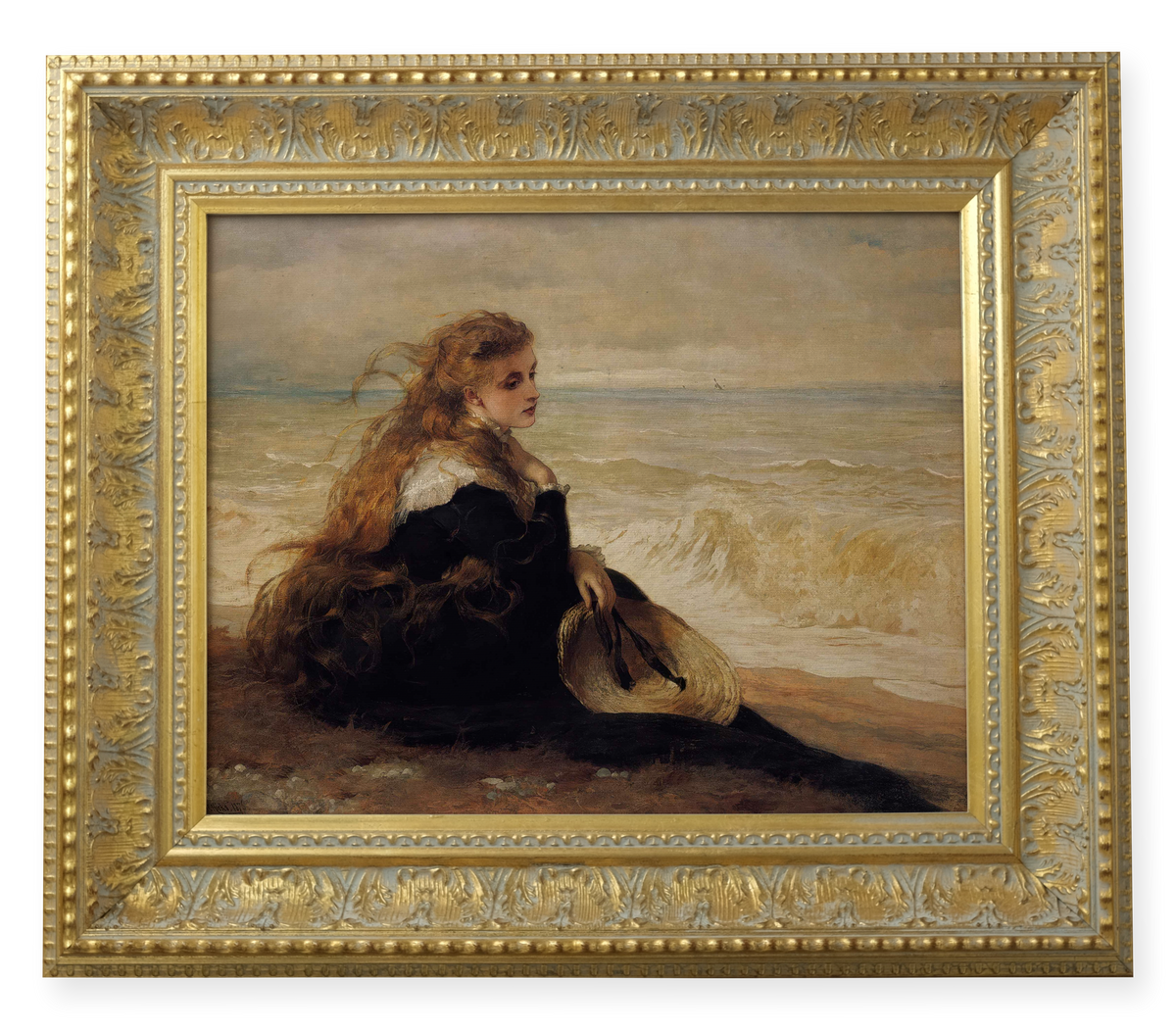 Girl Seated by Shore by George Elgar Hicks shown in its frame