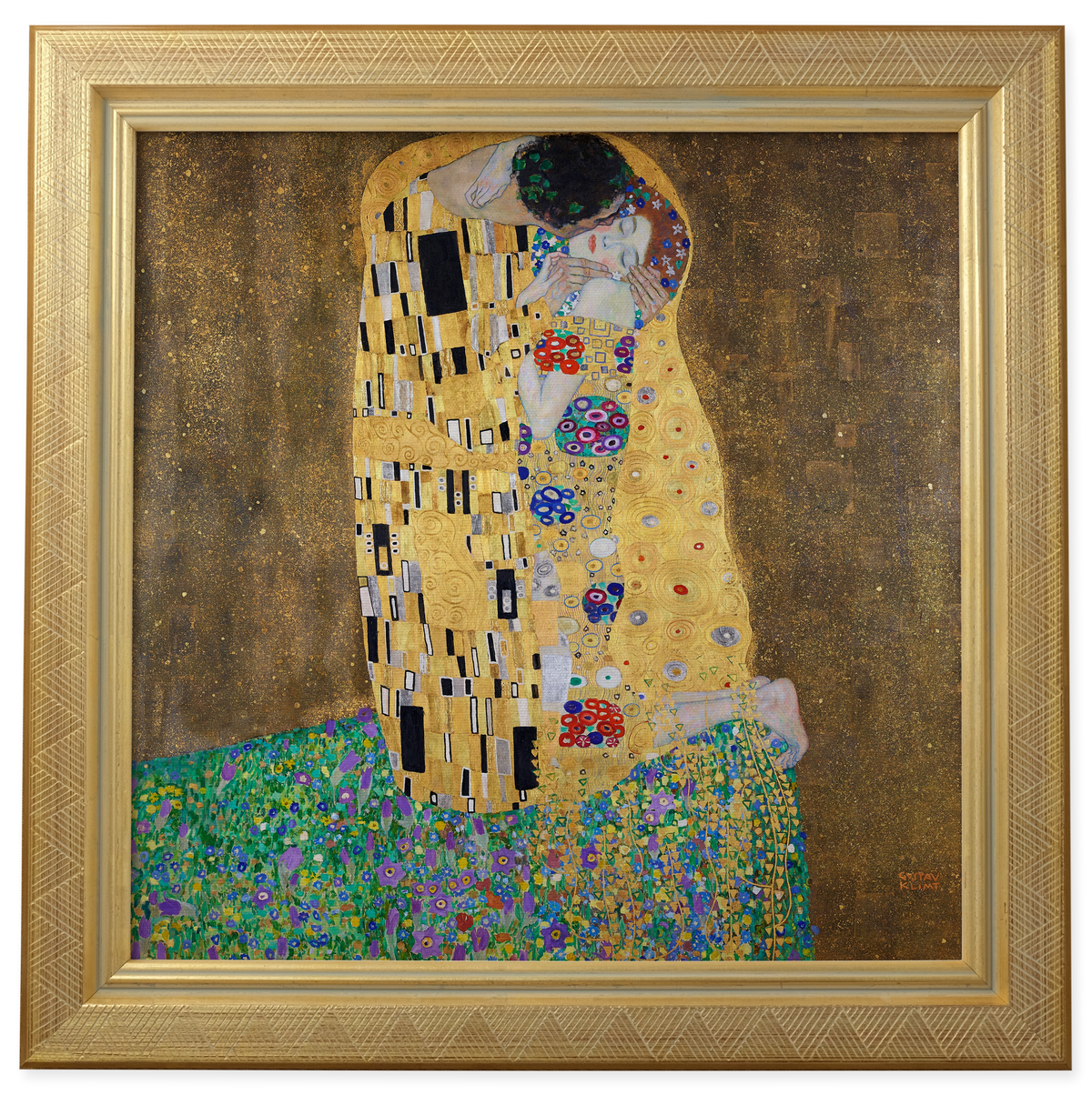 The Kiss by Gustav Klimt shown in its frame