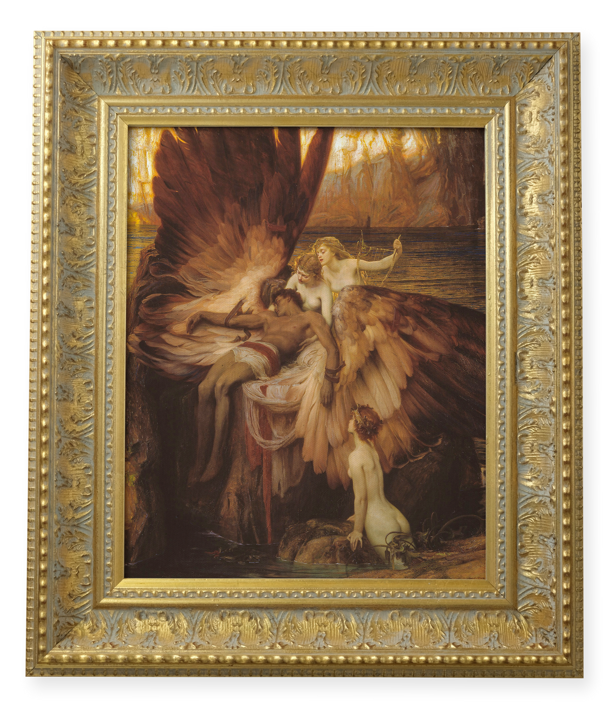 The Lament for Icarus by Herbert James Draper shown in its frame
