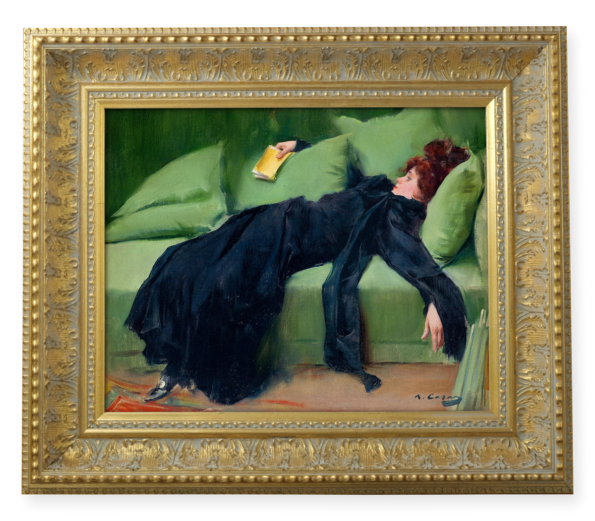 Decadent Young Woman by Ramon Casas shown in its frame
