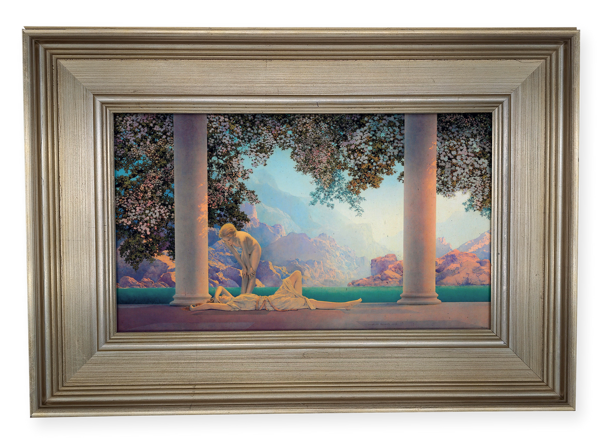 Daybreak by Maxfield Parrish shown in its frame