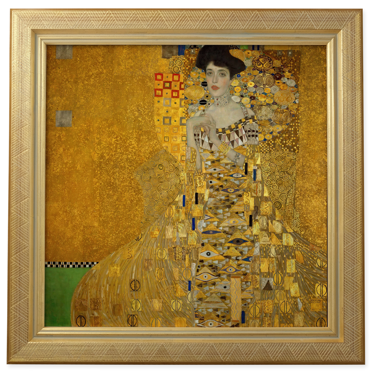 The Woman in Gold by Gustav Klimt shown in its frame