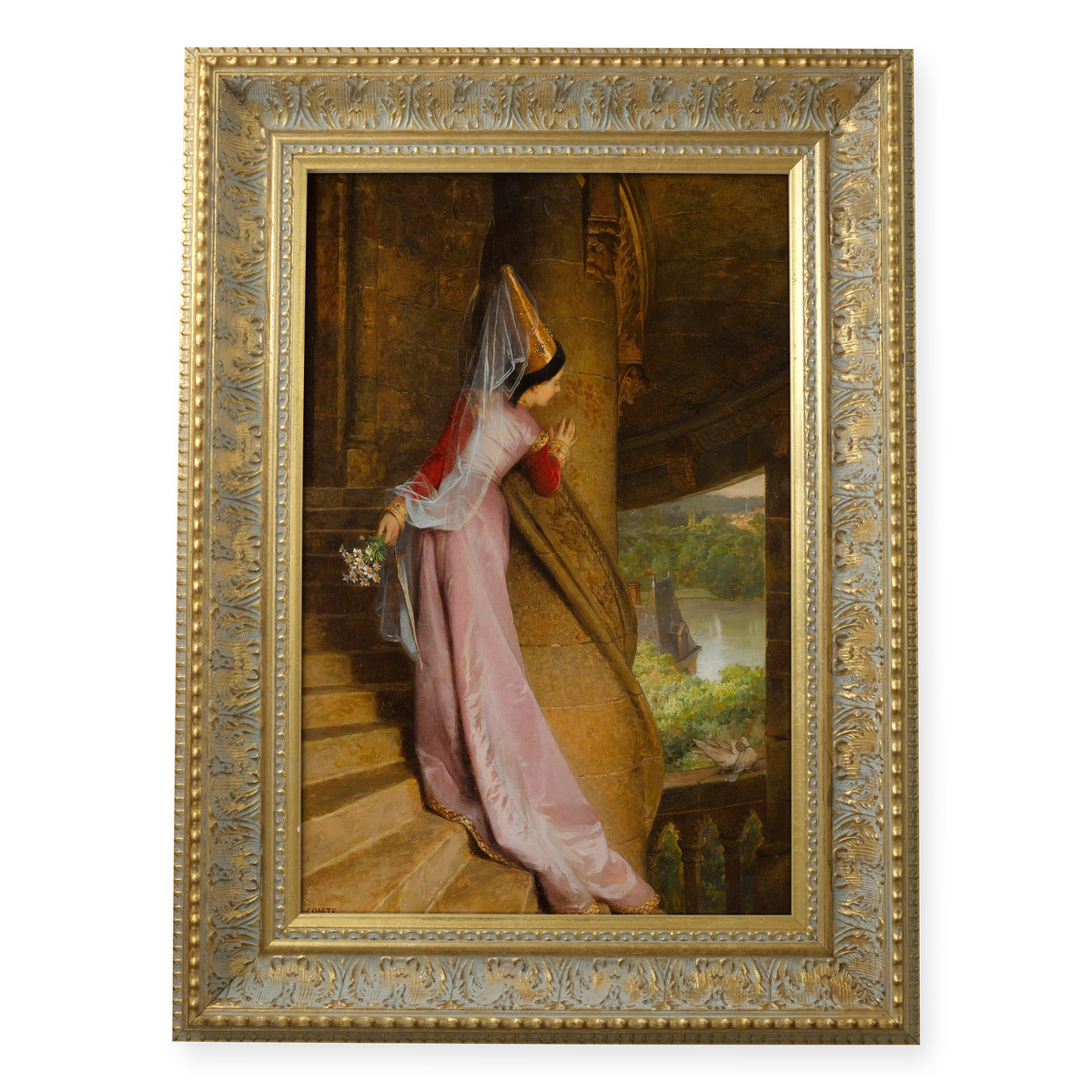 The Secret Rendezvous by Pierre-Charles Comte shown in its frame
