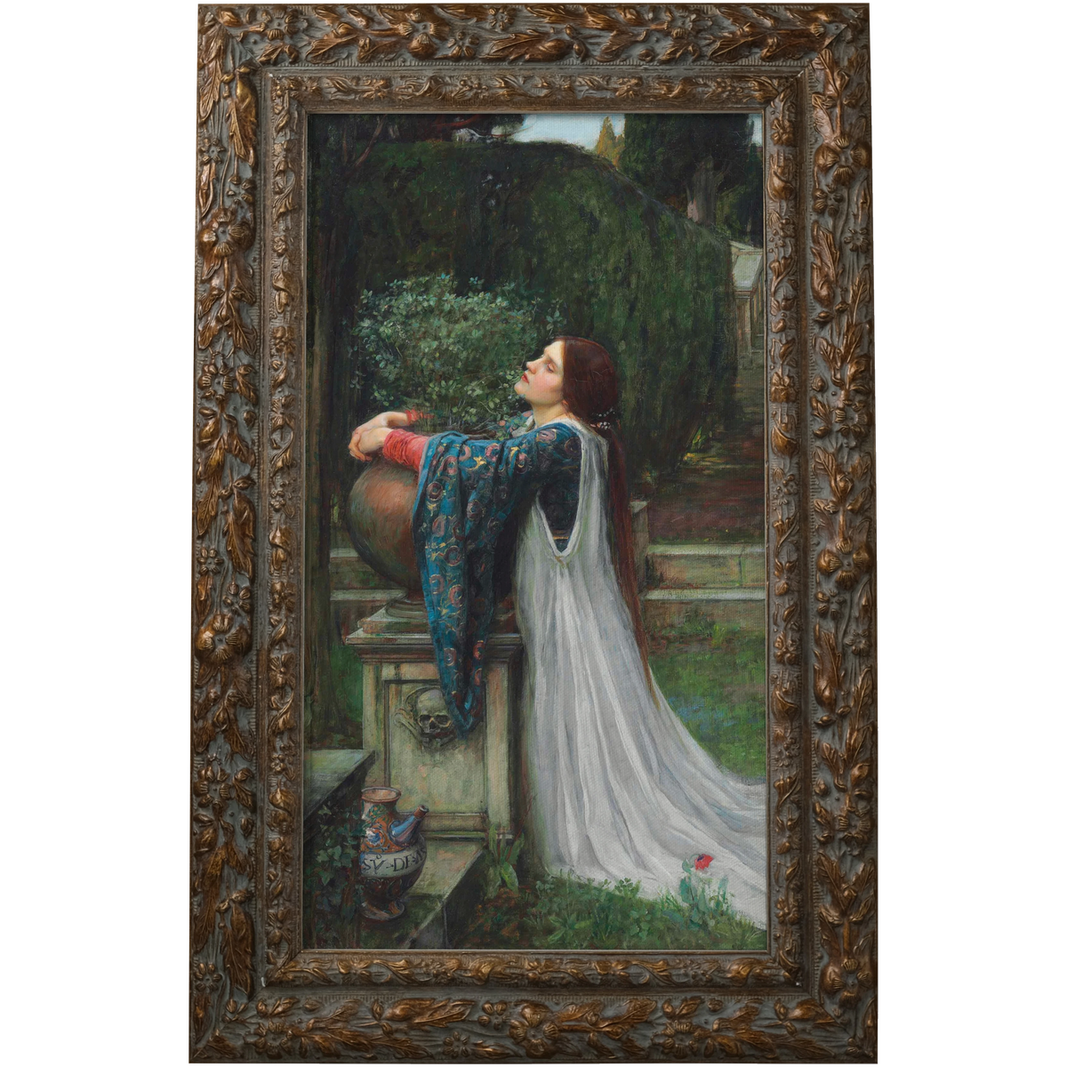 Isabella and the Pot of Basil by John William Waterhouse shown in its frame