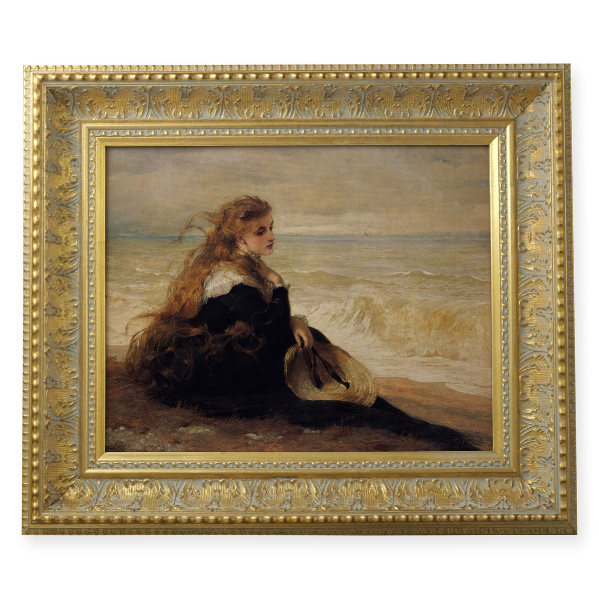 Girl Seated by Shore by George Elgar Hicks shown in its frame