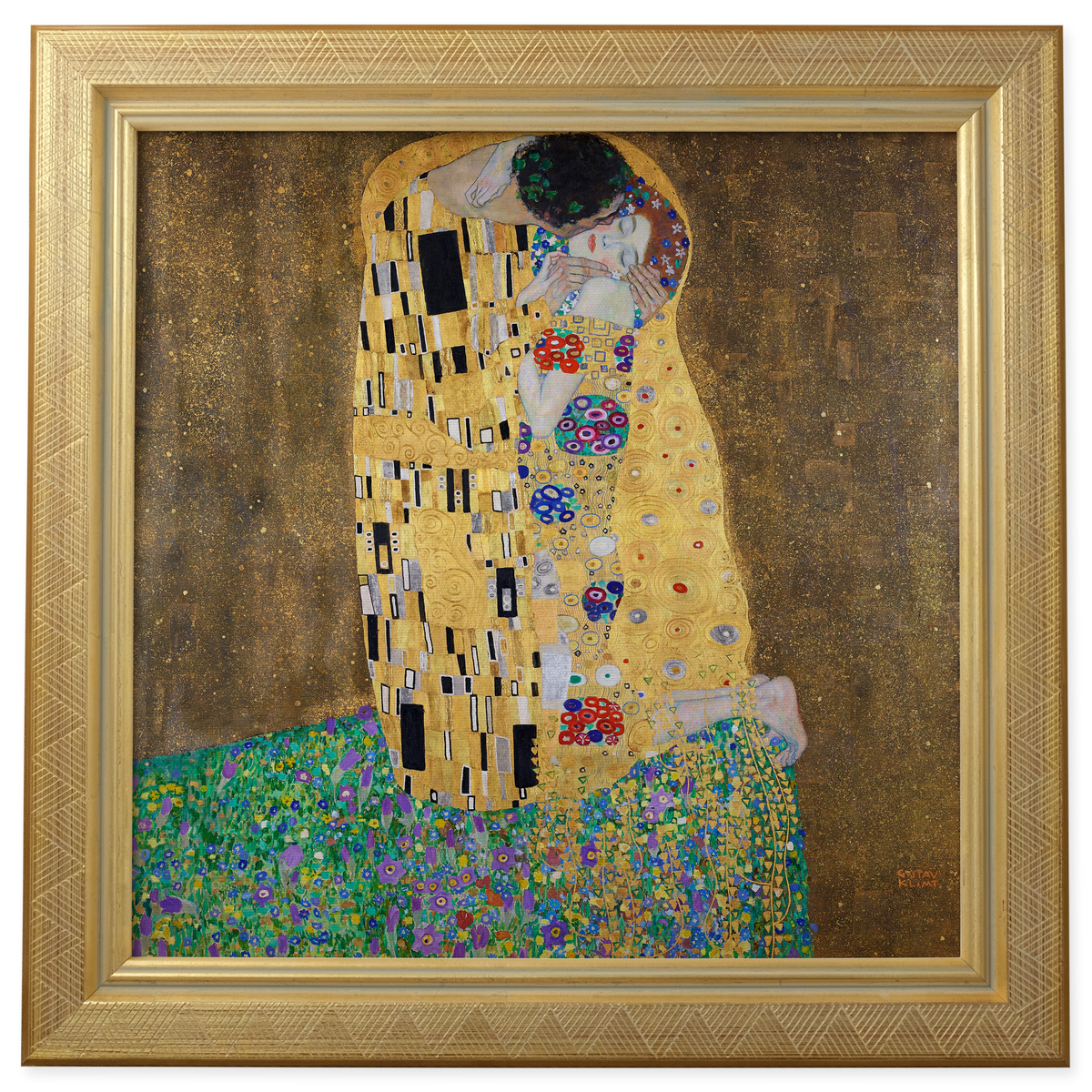 The Kiss by Gustav Klimt shown in its frame