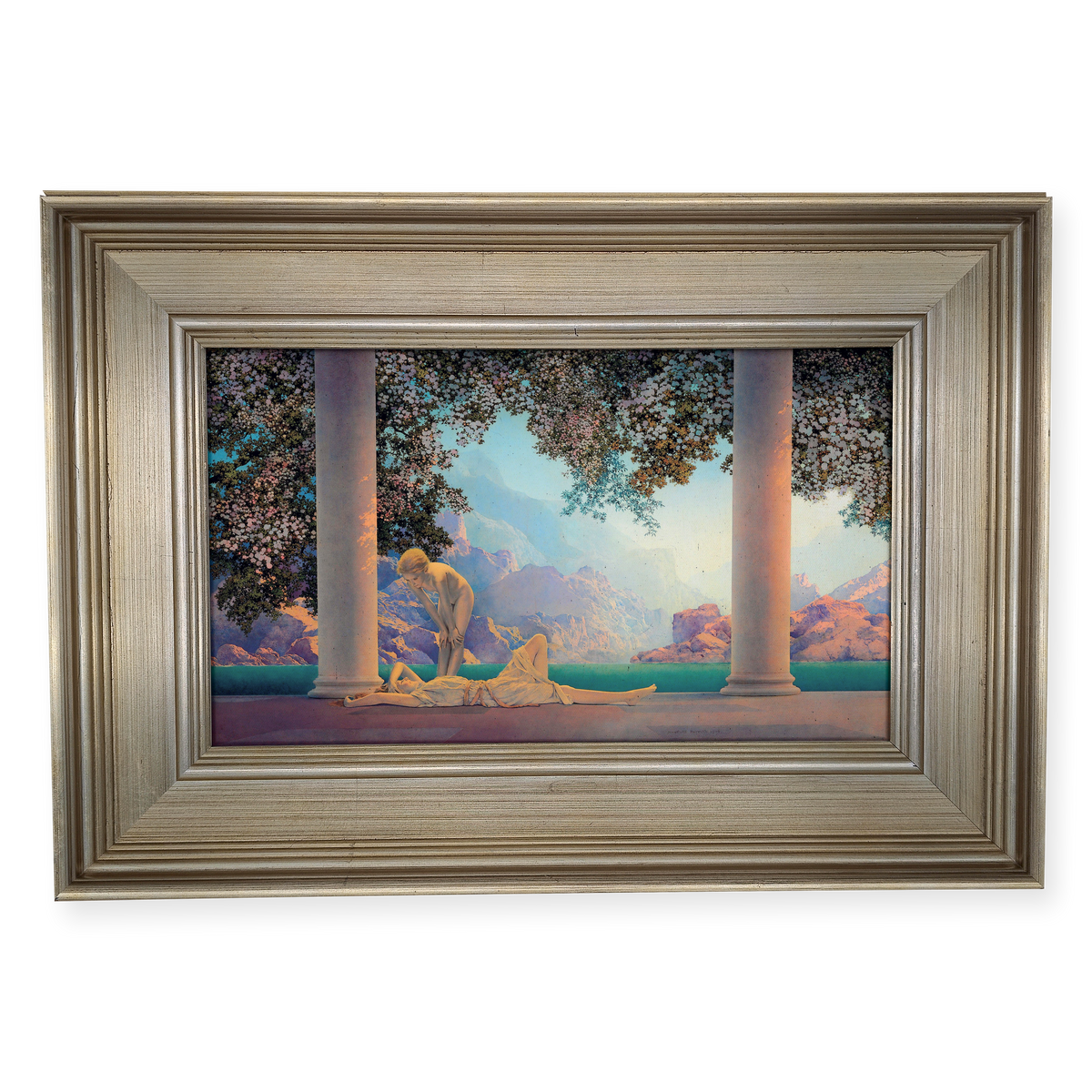 Daybreak by Maxfield Parrish shown in its frame
