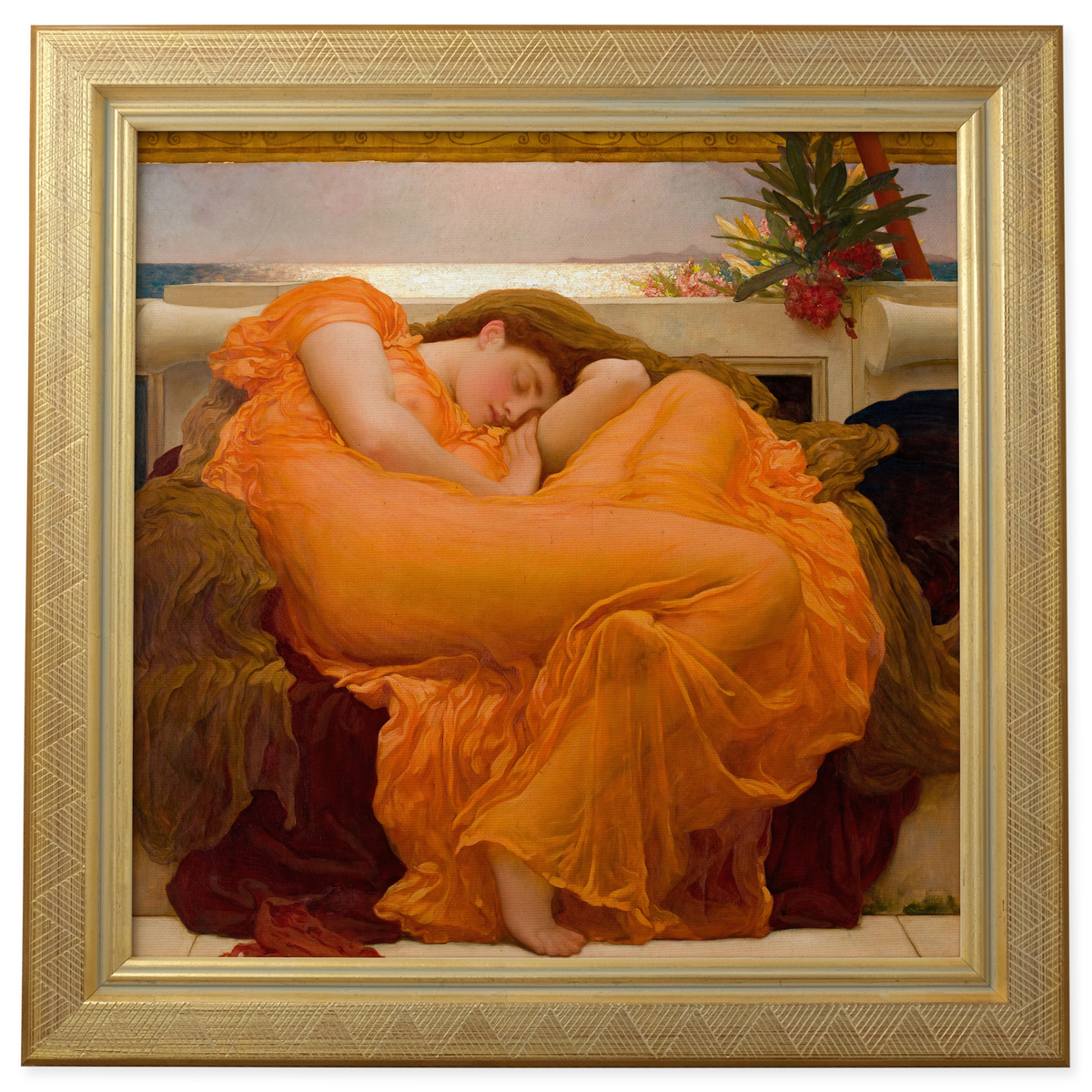 Flaming June by Frederic Leighton shown in its frame