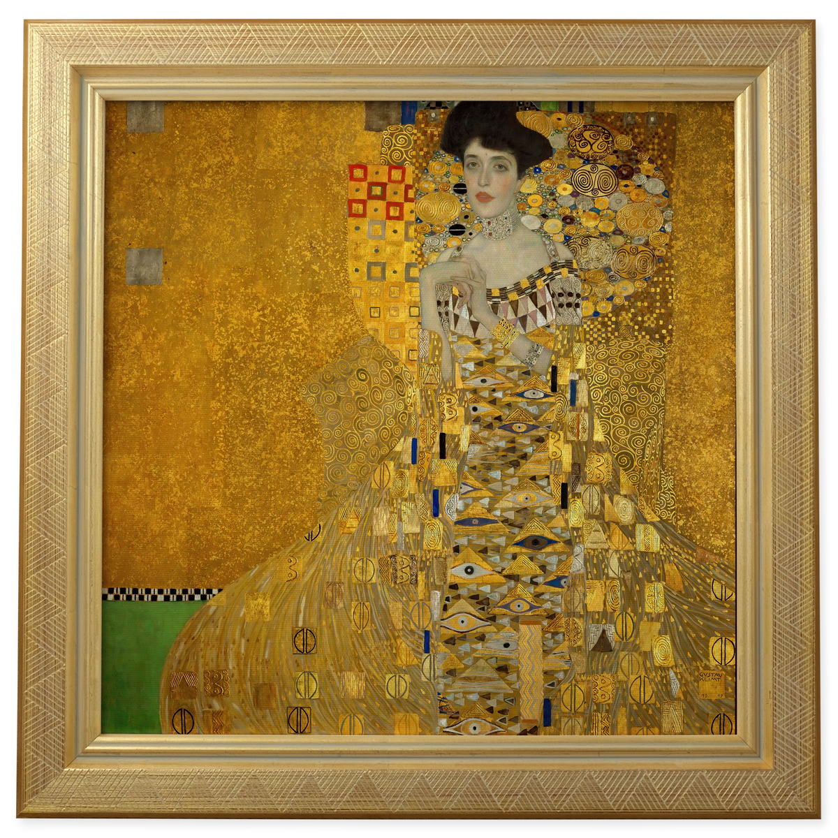 The Woman in Gold by Gustav Klimt shown in its frame