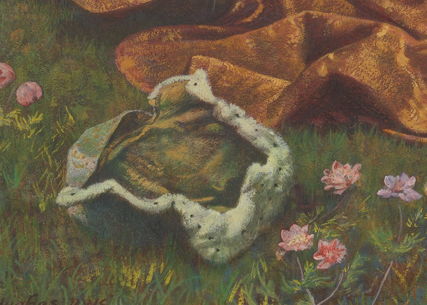 Detail: an ermine-trimmed scholar’s cap lies abandoned in the grass beside the hem of a golden gown.