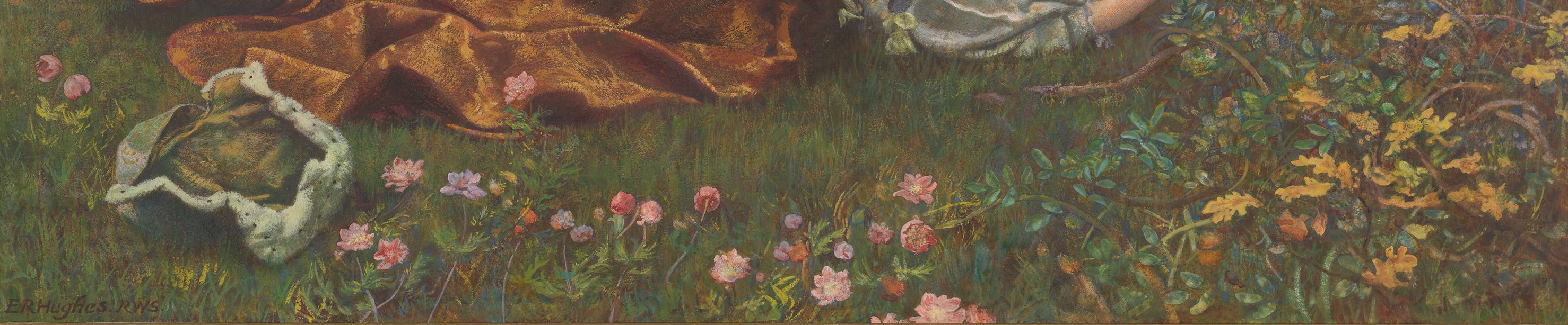 Detail: an ermine-trimmed scholar’s cap lies abandoned in the grass beside the hem of a golden gown.